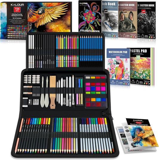 154PCS Art Supplies - Sketching & Drawing Kit with Sketchbook,Tutorial Book,Coloring Paper - Graphite,Colored, Charcoal, Watercolor & Metallic Pencils - Drawing Tools for Artists and Beginners