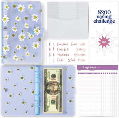 PVC A6 Budget Binder with Cash Envelopes for Budgeting - Cute Daisy Blue Money Organizer for Cash Budget Binder, Clear Budgeting Planner Money Savings Binder, Savings Challenges Book