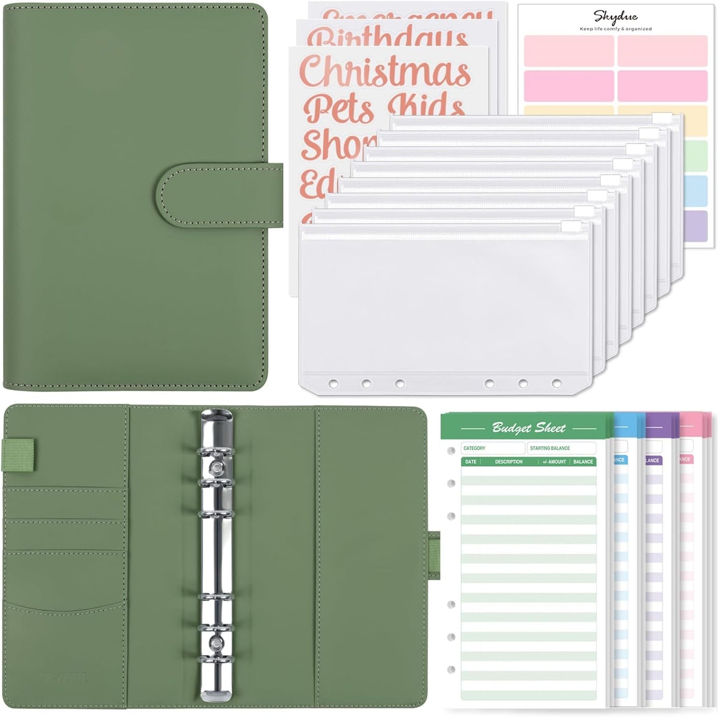 Budget Binder with 8Pcs Zipper Envelopes,Money Organizer for Cash with 12Pcs Expense Sheets & 24 Rose Gold Sticky Labels