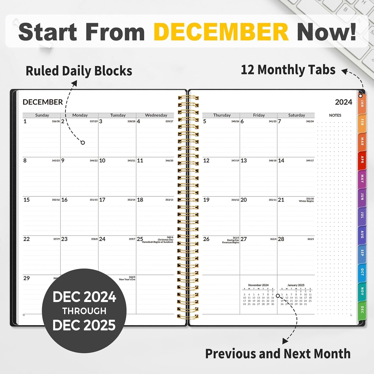 2025 Appointment Book, Quarter-Hourly, Weekly & Monthly - from January 2025 - December 2025, 8.5"X11" Weekly Planner, Flexible Cover, Note Pages, Pockets, Bookmark, Spiral Binding, Black