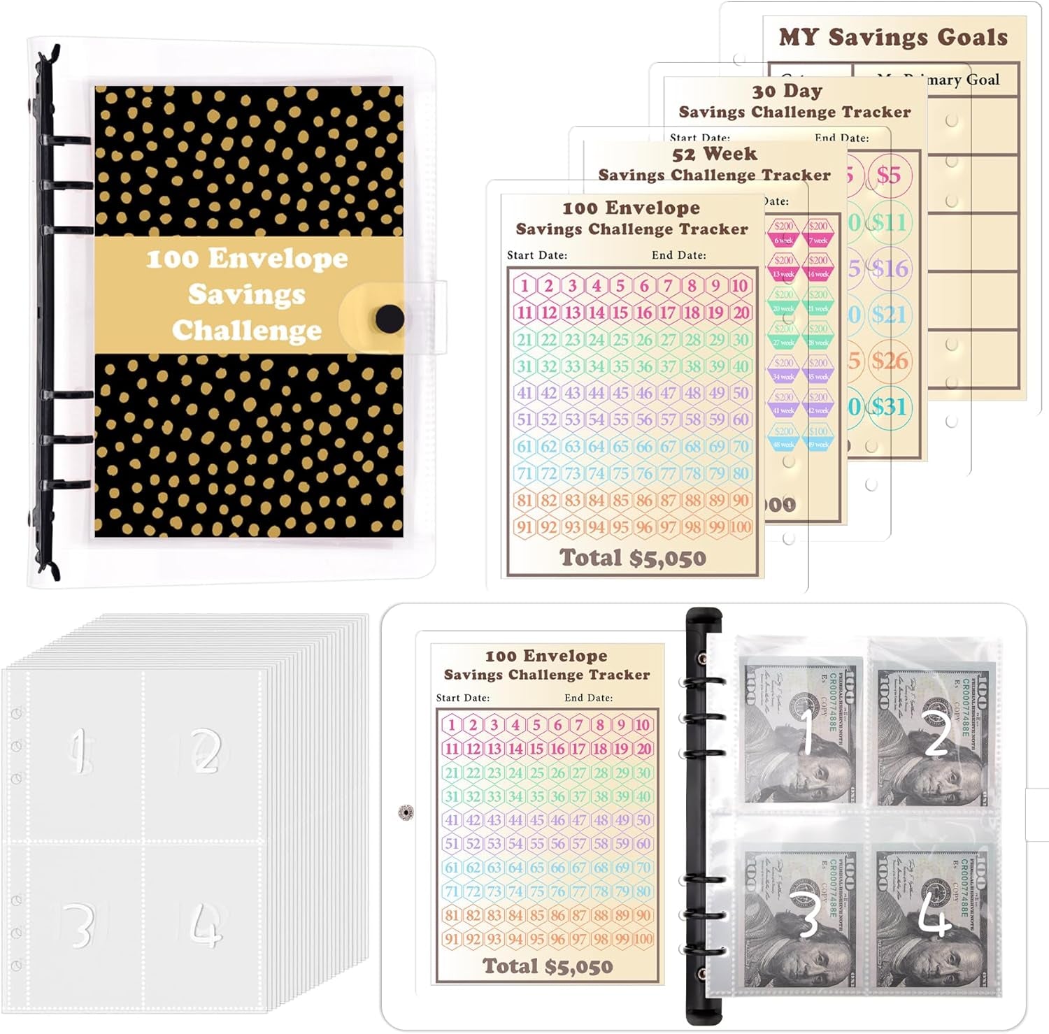 100 Envelopes Savings Challenge Binder, Money Saving Binder with 3 Reusable Laminated $5,050, 500, 10,000 Tracker Sheet, A5 Budget Planner Savings Challenges Book with Cash Envelopes, Black