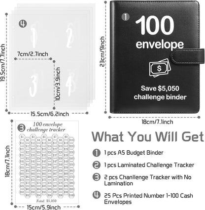 100 Envelopes Money Saving Challenge Binder with Laminated Tracker, Budget Binder with Cash Envelopes, Easy and Fun Way to save $5,050 (Black)