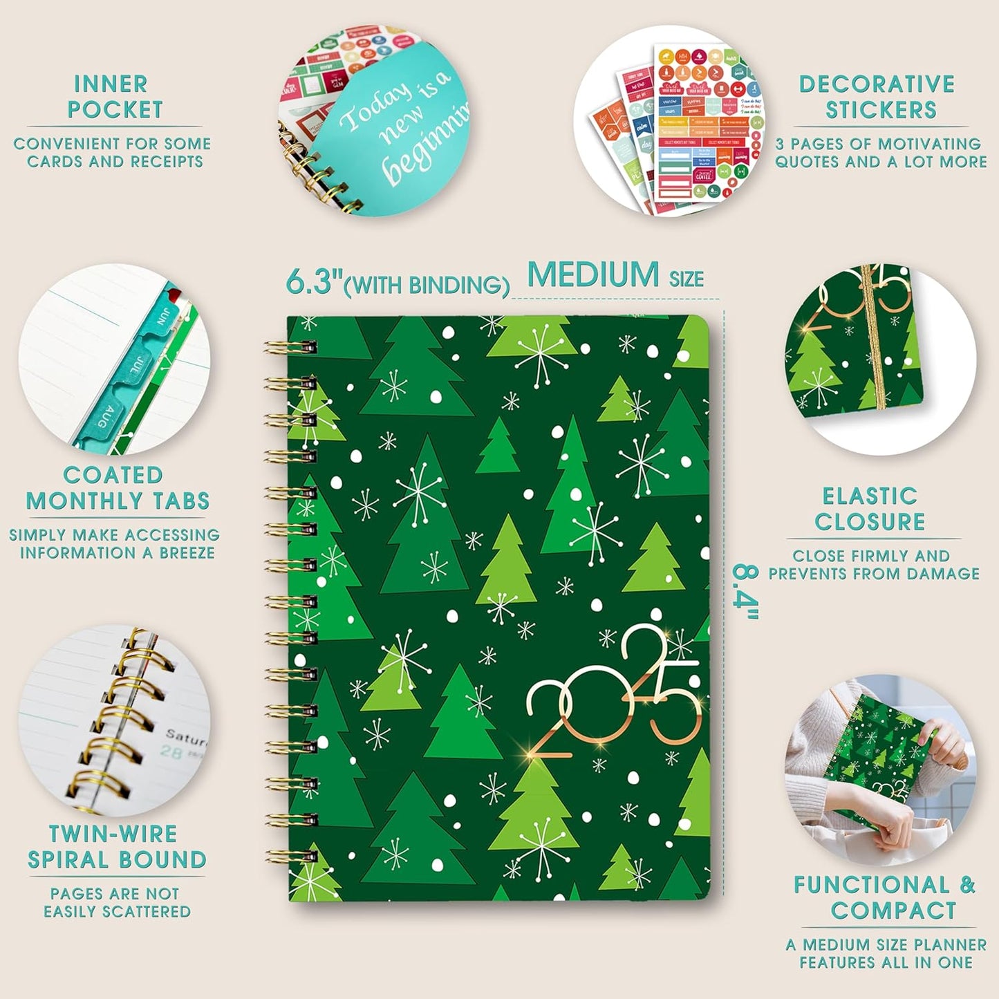 2025 Planner, 12-Month Daily Weekly Monthly Planner from JAN.2025 to DEC.2025, 8.4" X 6", Spiral Planner Notebook with Stickers, Elastic Closure, Inner Pocket, Christmas Tree