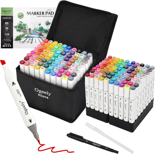 Alcohol Markers, 82 Color Dual Tip Art Markers for Kids Adults, Permanent Sketch Markers for Artists, with Organizing Case, Black Liner and Pad, for Illustration Designing Drawing