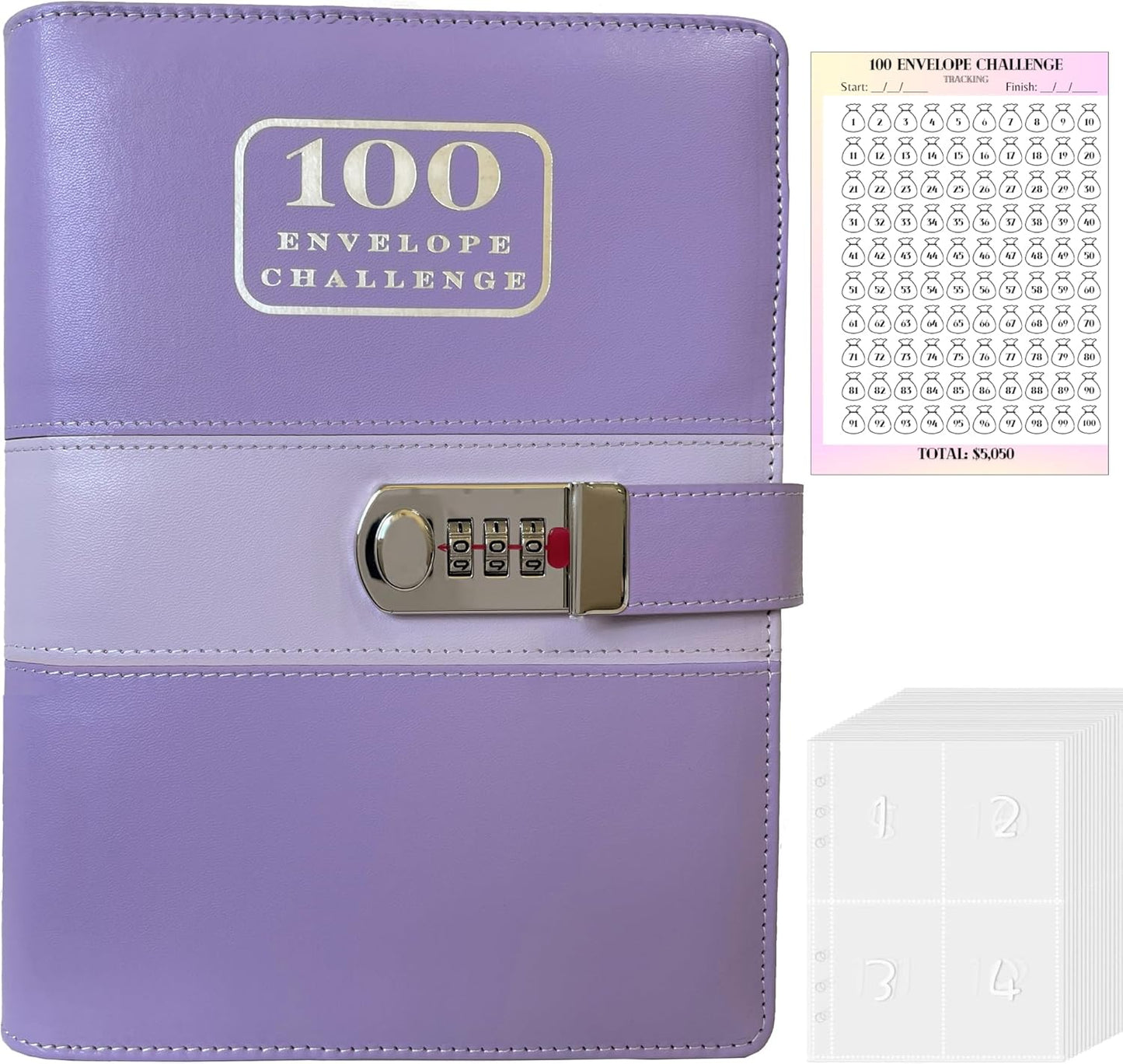 100 Envelopes Money Saving Challenge Binder with Code Lock, and Laminated Tracker, A5 Budget Binder with Cash Envelopes, Easy and Fun Way to save $5050 (Purple)