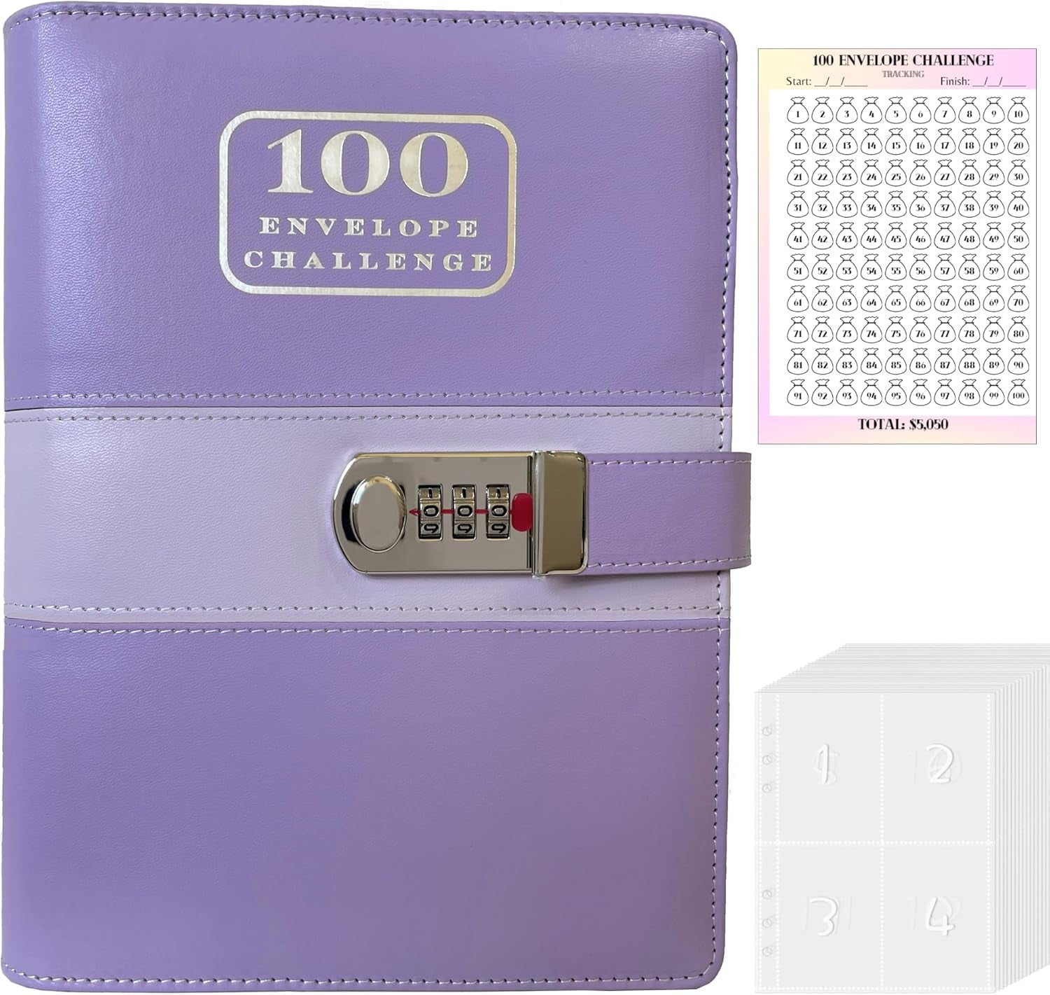 100 Envelopes Money Saving Challenge Binder with Code Lock, and Laminated Tracker, A5 Budget Binder with Cash Envelopes, Easy and Fun Way to save $5050 (Purple)