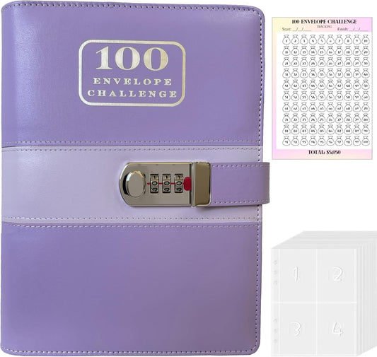 100 Envelopes Money Saving Challenge Binder with Code Lock, and Laminated Tracker, A5 Budget Binder with Cash Envelopes, Easy and Fun Way to save $5050 (Purple)