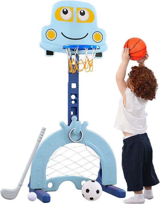 4-In-1 Toddler Basketball Hoop, Adjustable Height Kids Basketball Hoop with Soccer Goal Ring Toss Golf Play Set, Basketball Hoop for Kids Indoor Outdoor Sports