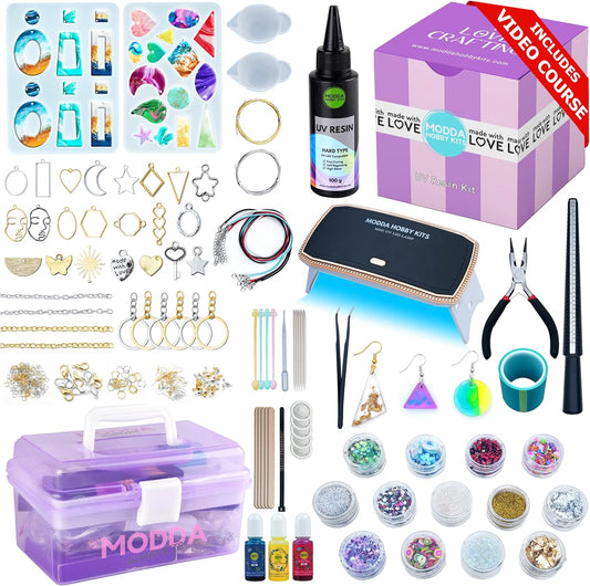 UV Resin Kit with Video Course, Resin Jewelry Making Kit for Adults, Teen Girls, Beginners, Includes UV Resin, UV Lamp, Resin Glitters, Foil Flakes, Silicone Molds for DIY Arts and Crafts