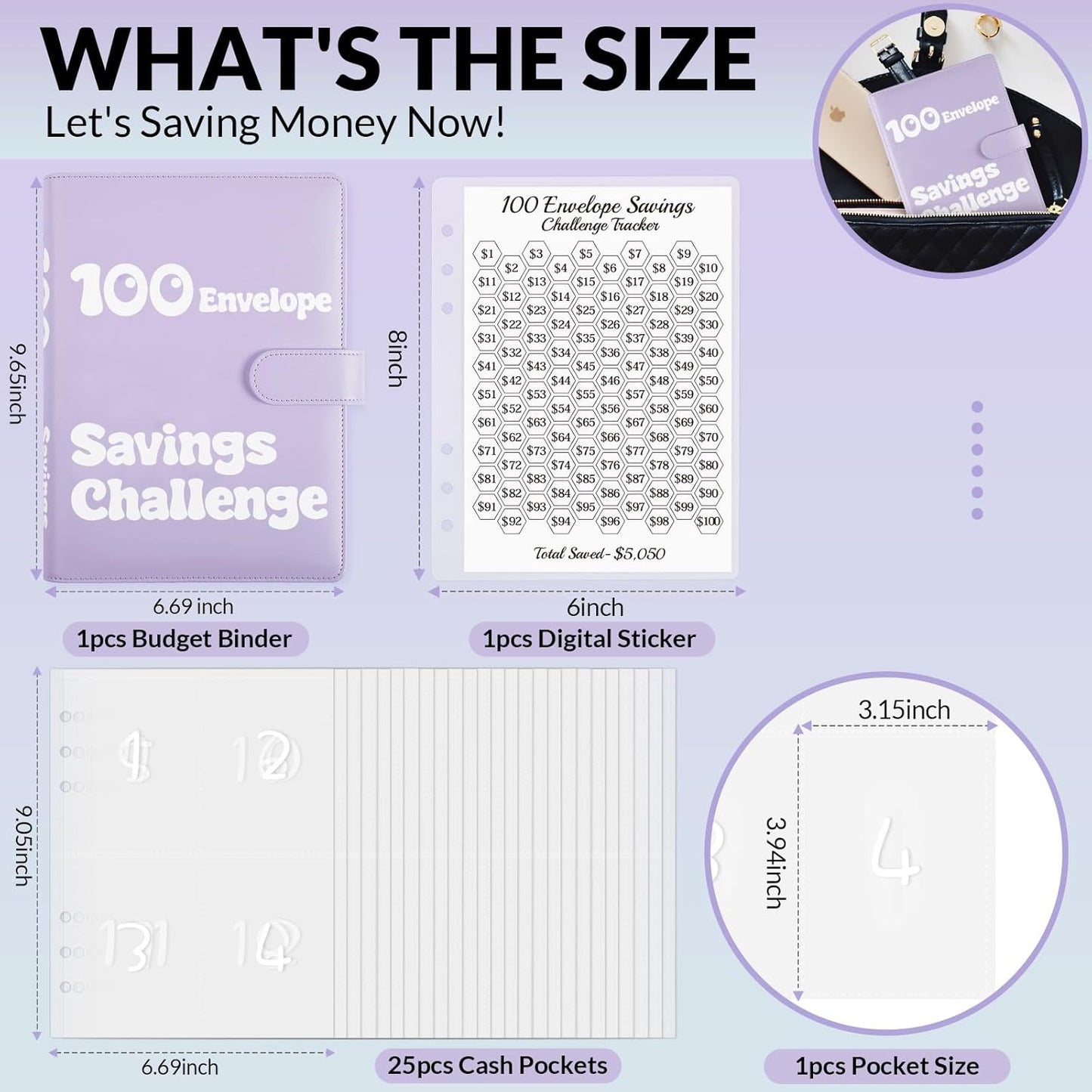 100 Envelopes Money Saving Challenge Binder, A5 Money Saving Budget Binder with Cash Envelopes, Savings Challenges Book for Planning and Saving $5050, Light Purple