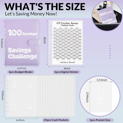 100 Envelopes Money Saving Challenge Binder, A5 Money Saving Budget Binder with Cash Envelopes, Savings Challenges Book for Planning and Saving $5050, Light Purple