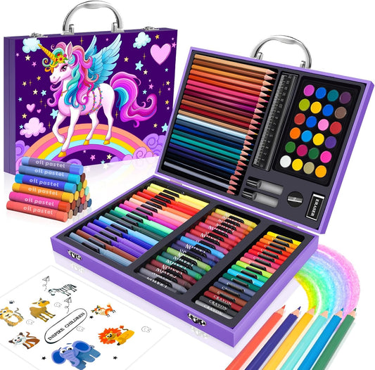 Art Supplies Kit for Kids Ages 4-12,Unicorn Art Case Coloring Set,Drawing Kits with Markers, Crayons, Colored Pencils,Oil Pastels,Coloring Book,School Supplies,Gift for Kids Artist Age 4+