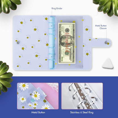 PVC A6 Budget Binder with Cash Envelopes for Budgeting - Cute Daisy Blue Money Organizer for Cash Budget Binder, Clear Budgeting Planner Money Savings Binder, Savings Challenges Book