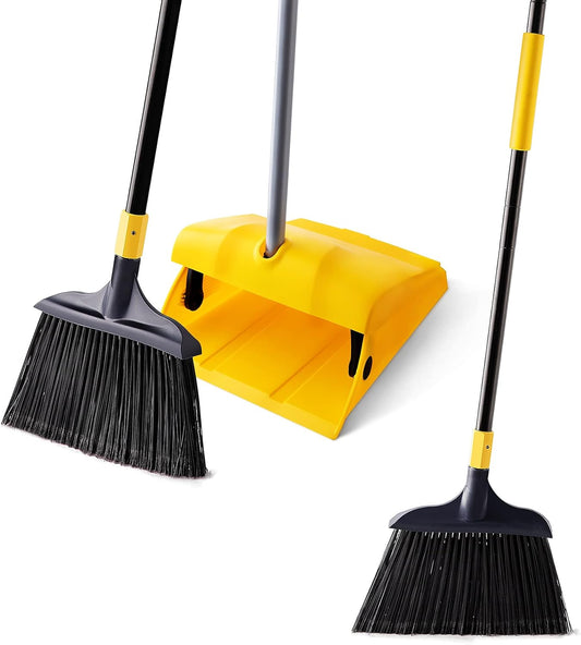 Commercial Broom and Dustpan Set with Windproof Cover Commercial Outdoor Indoor 2 plus 1 for Courtyard Garage Lobby Mall Market Floor Home Kitchen Room Office Pet Hair Rubbish