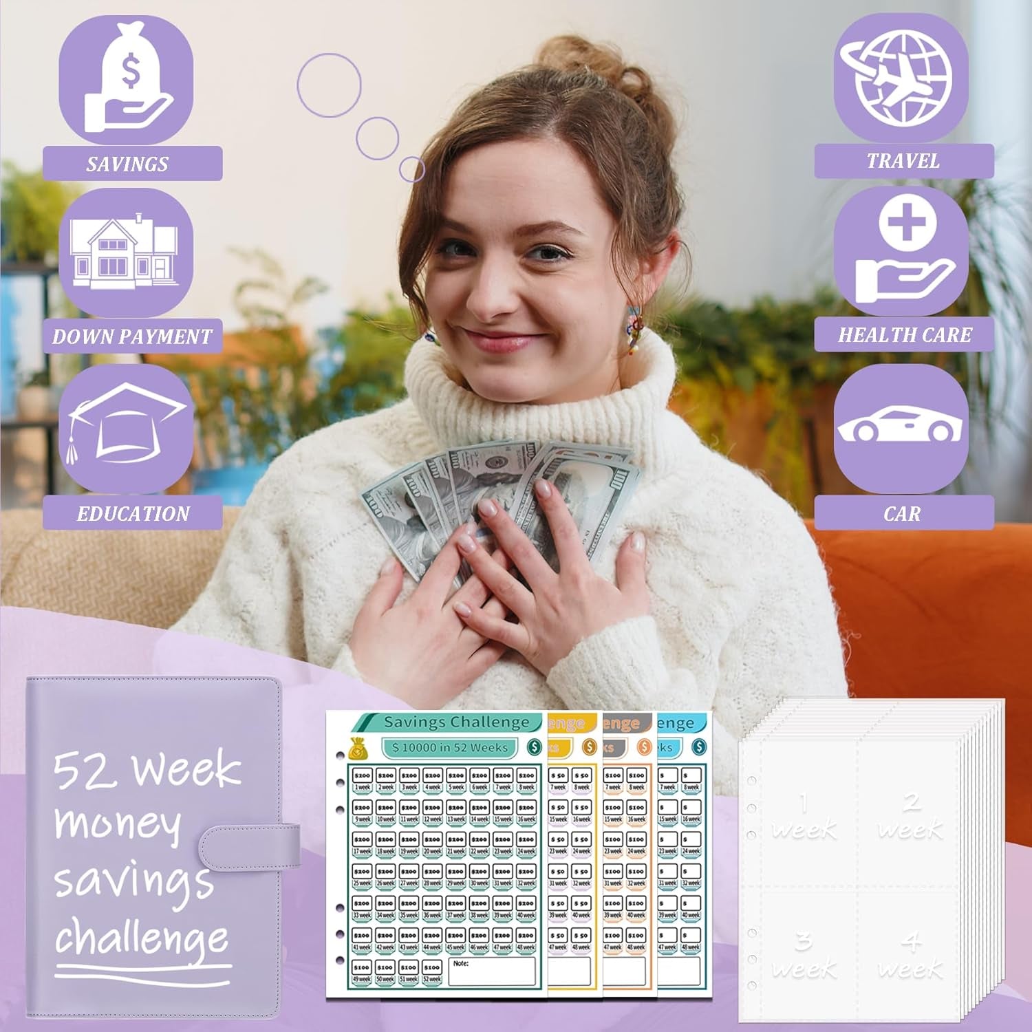 52 Week Money Saving Challenge Binder with Cash Envelopes, A5 Budget Binder Savings Challenges Book with 4 Saving Challenge Tracker to save $5,200 and $2,600 and $10,000 and DIY, Purple