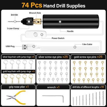 Electric Resin Drill, 74Pcs Hand Drill Supplies with 3-Jaw Clamp-Applicable to a Larger Drilling Range (0-3Mm), Grip Nose Pliers, Keychain Making Kit, Tools for Resin Art