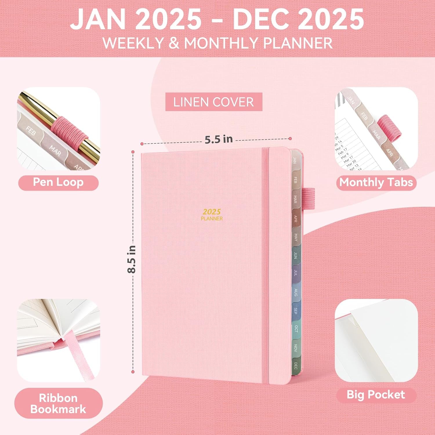 2025 Linen Cover Planner Weekly & Monthly Daily Agenda Book,2025-2026 to Do List Notebook with Colorful Monthly Tabs, Inner Pocket, Elastic Closure, Thick Paper(Pink,5.5 * 8.5)