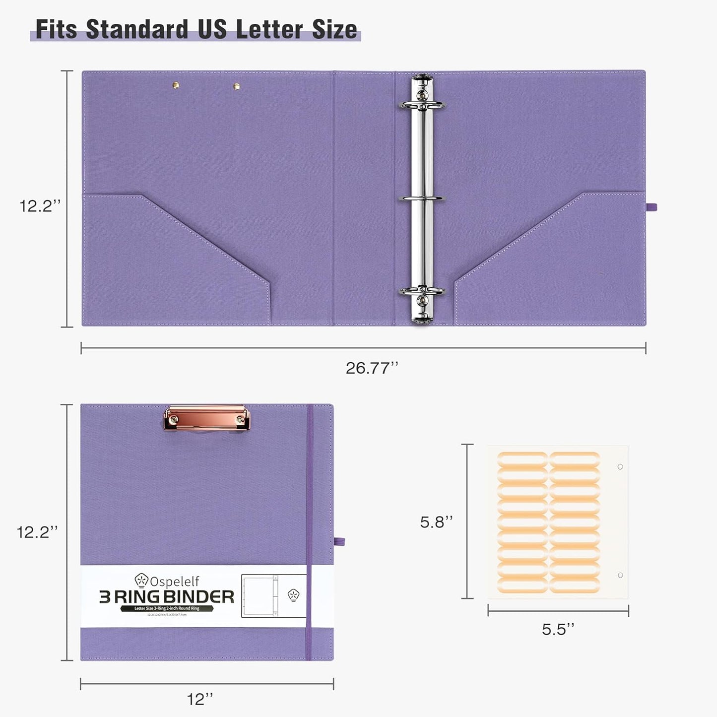 2 Inch 3 Ring Binder Organizer with Zipper Pouch, Purple Linen Clipboards Portfolio (8.5" X 11"), 5 Plastic Folders with 10 Pockets, Hardcover School Binder