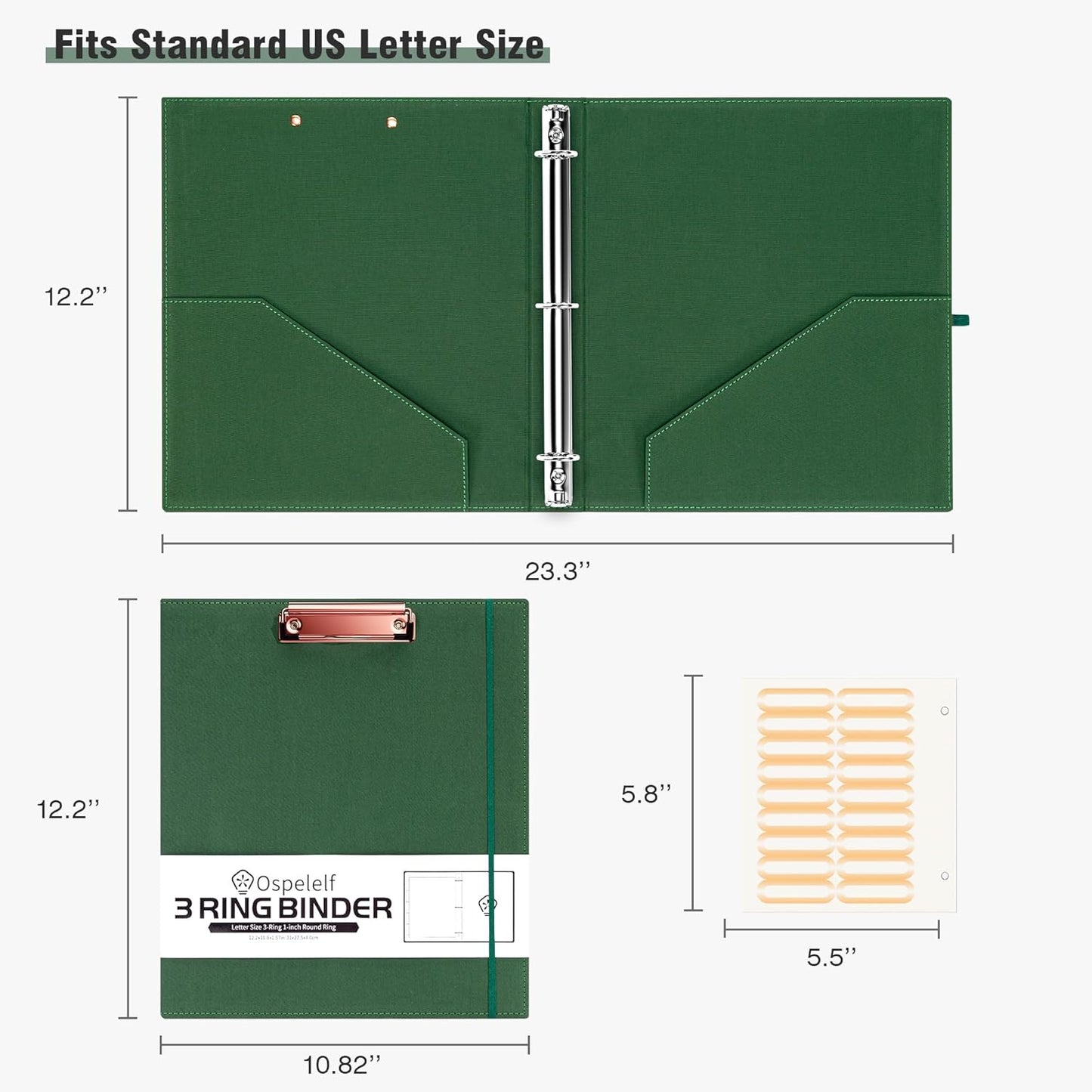 Foldable Spiral Clipboard Folio with Storage Zipper Pouch, 5 Plastic Folders with 10 Pockets,Refillable Lined Notepad (11" X 8.5"), Hardcover Project Organizer with 39 Stickers (Dark Green)