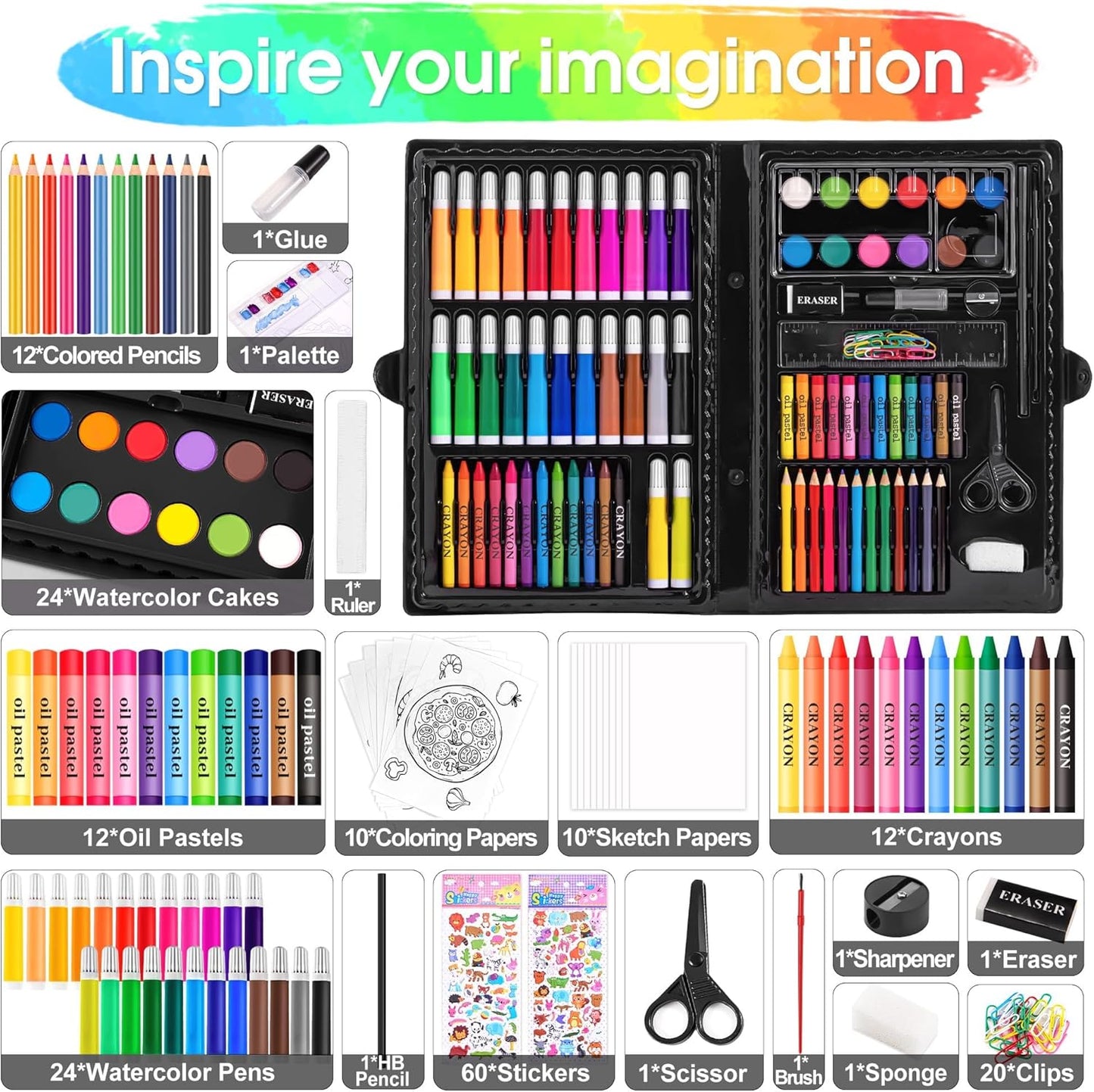 Art Set,  Art Supplies Drawing Painting Kit Includes Oil Pastels, Crayons, Colored Pencils, Watercolor Cakes, Gifts for Kids Girls Boys Teens (Black)