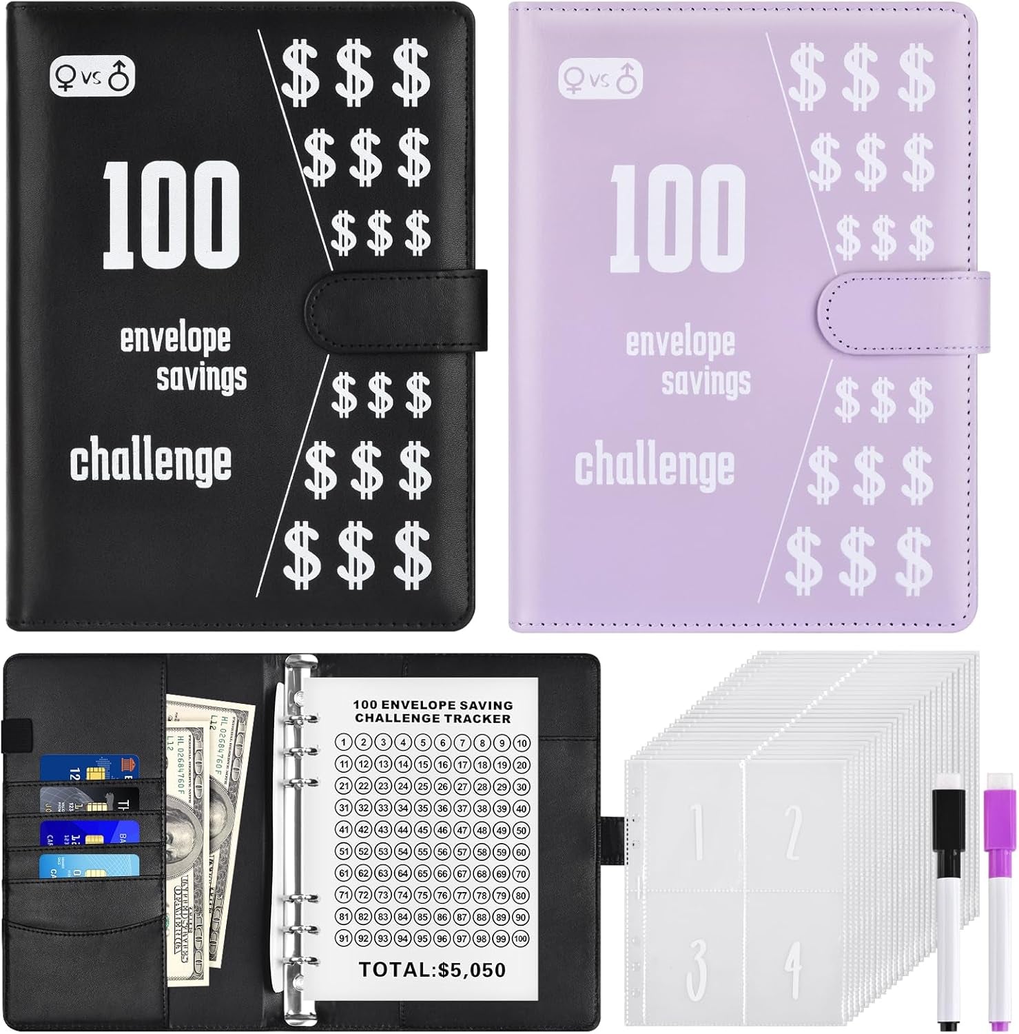 2Pack 100 Envelopes Money Saving Challenge, Money Saving Binder, Savings Challenges Book with Envelopes, Cash Envelope Budget Binder Savings Book, 100 Day Savings $5050 Challenge Binder