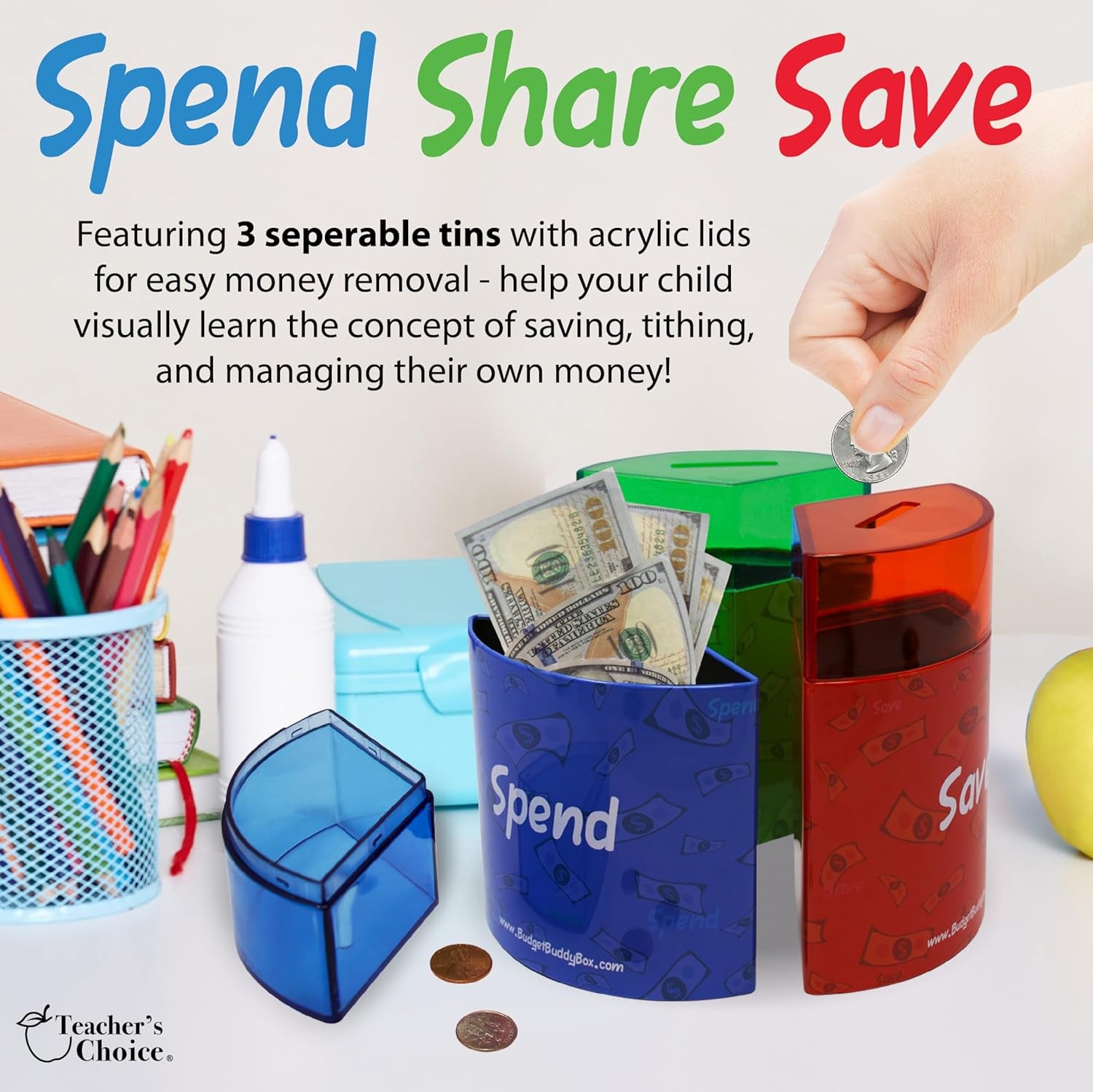 Save Spend Share Money Jar | Three-Part Money Tin Teaches Kids Financial Management - Deposit Coins and Bills