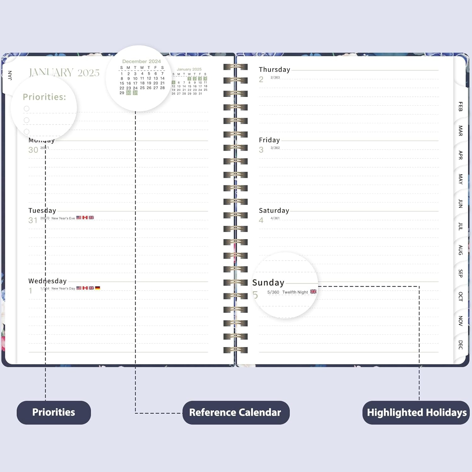 2025 Planner - Weekly and Monthly Planner Book, January 2025 - December 2025, Hard Cover Calendar Planner with Tabs, Notes Pages, Inner Pocket, A5 (6.3" X 8.4")