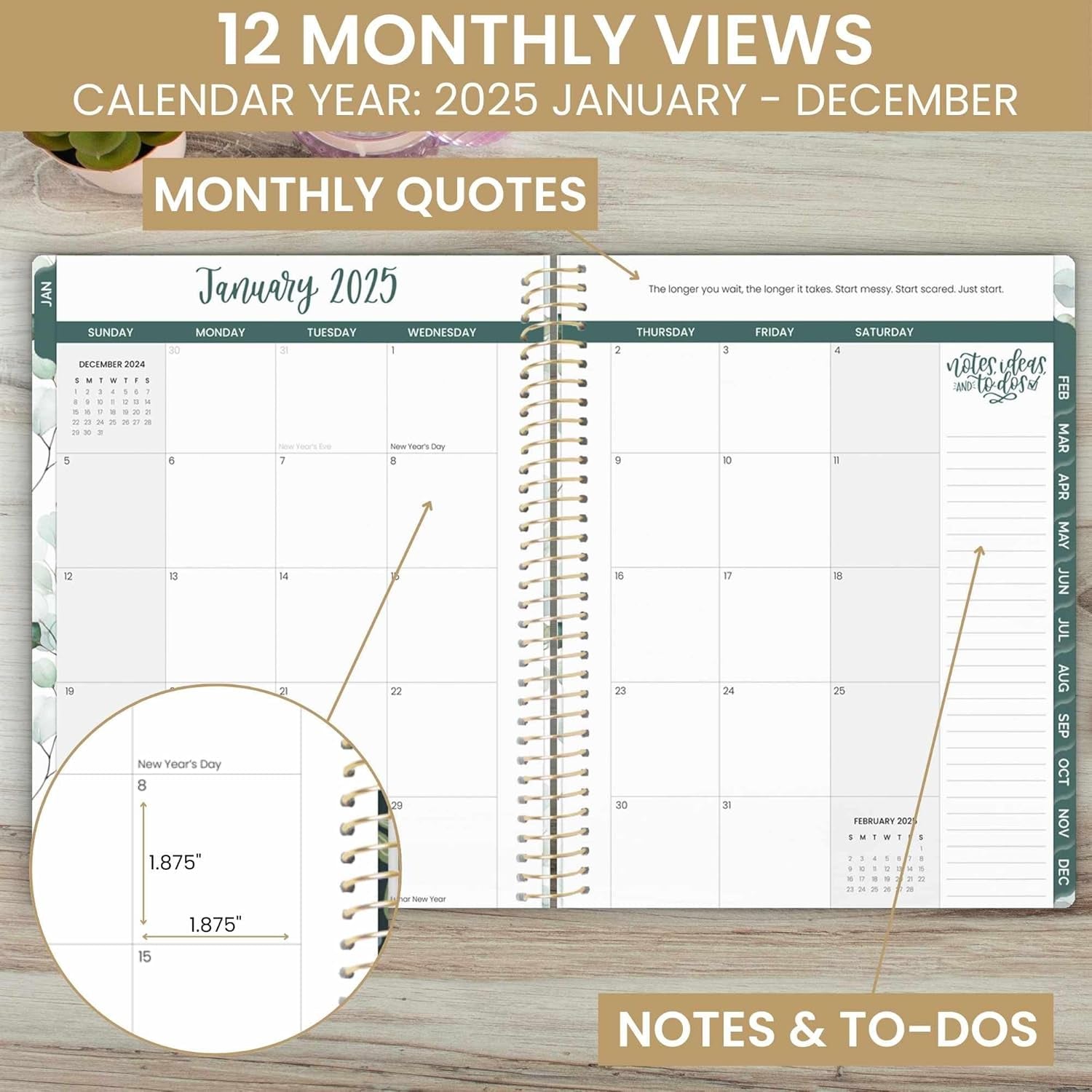 2025 (8.5" X 11") Calendar Year Day Planner (January 2025 - December 2025) - Weekly/Monthly Dated Agenda Organizer with Stickers & Tabs - Boho Greenery