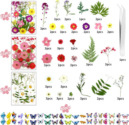 190 Pcs Dried Pressed Flowers for Resin, Real Dried Pressed Flowers for Resin Butterfly Stickers DIY Art with Tweezers Crafts Decorate for Candles Jewelry Nail Crafts