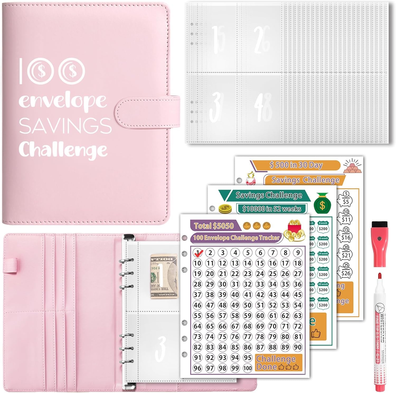 100 Envelopes Money Saving Challenge, A5 Savings Challenges Book Budget Binder with Cash Envelopes Erasable Tracker, Easy and Fun Way to save $500 $5050 $10000 (Pink)