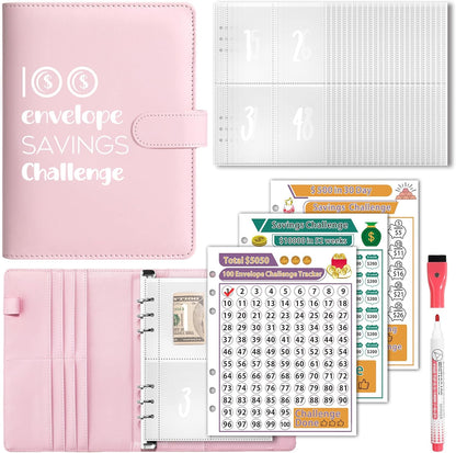 100 Envelopes Money Saving Challenge, A5 Savings Challenges Book Budget Binder with Cash Envelopes Erasable Tracker, Easy and Fun Way to save $500 $5050 $10000 (Pink)