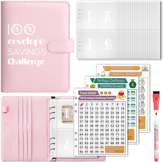 100 Envelopes Money Saving Challenge, A5 Savings Challenges Book Budget Binder with Cash Envelopes Erasable Tracker, Easy and Fun Way to save $500 $5050 $10000 (Pink)