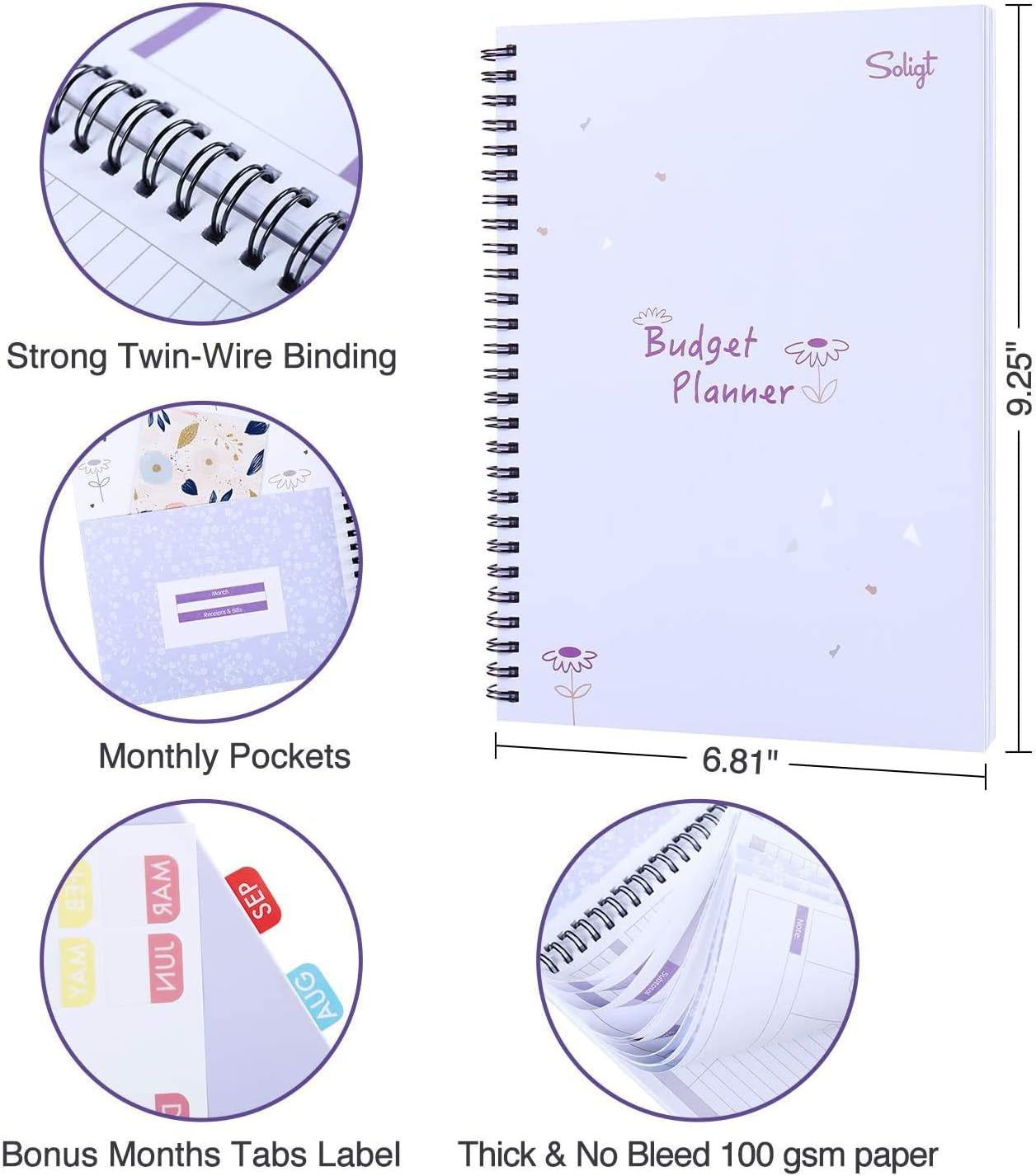 Monthly Budget Planner Book (Undated) with 12 Pockets for Income, Debt, Saving, Expense and Bill Tracker Organizer, Purple, Spiral Design