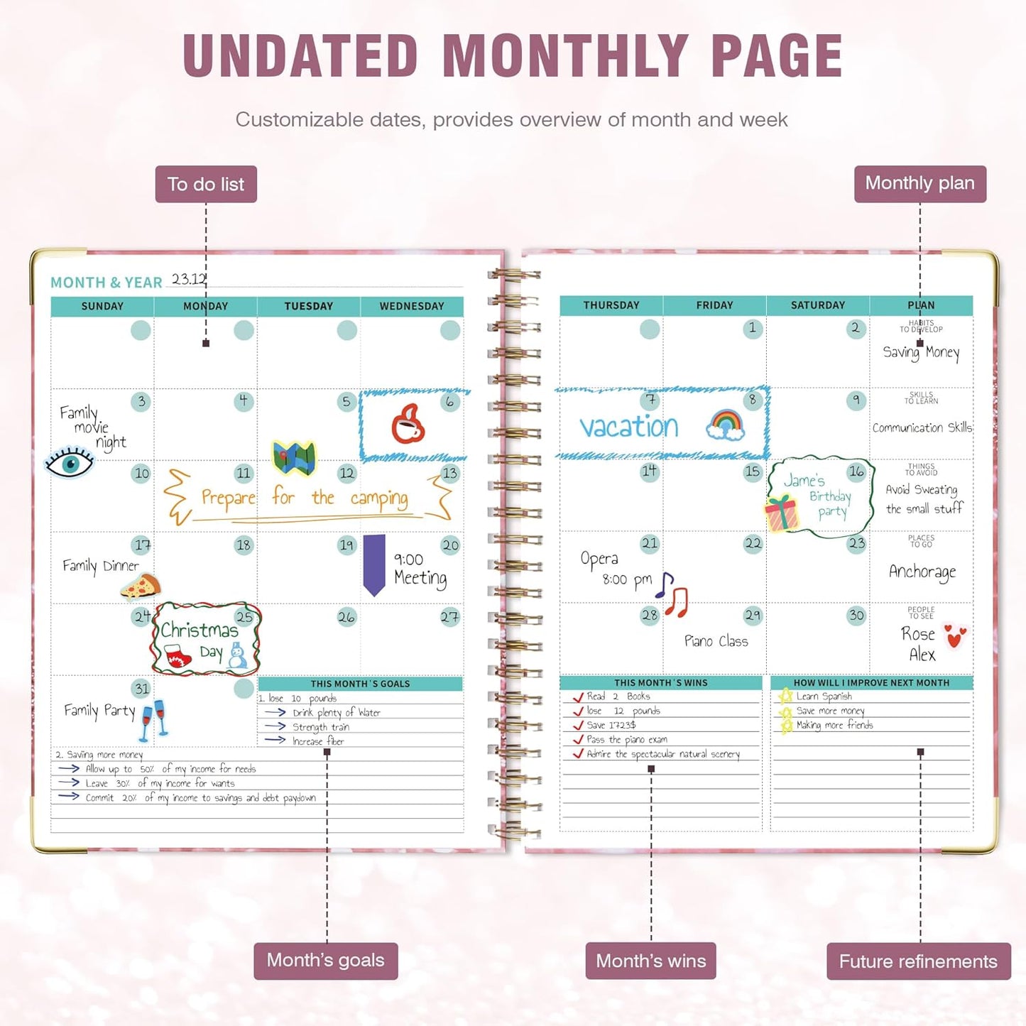 Undated Spiral Bound Planner Daily, Weekly and Monthly Planner, Pink Teacher Planner 12 Month 8.5 X 11