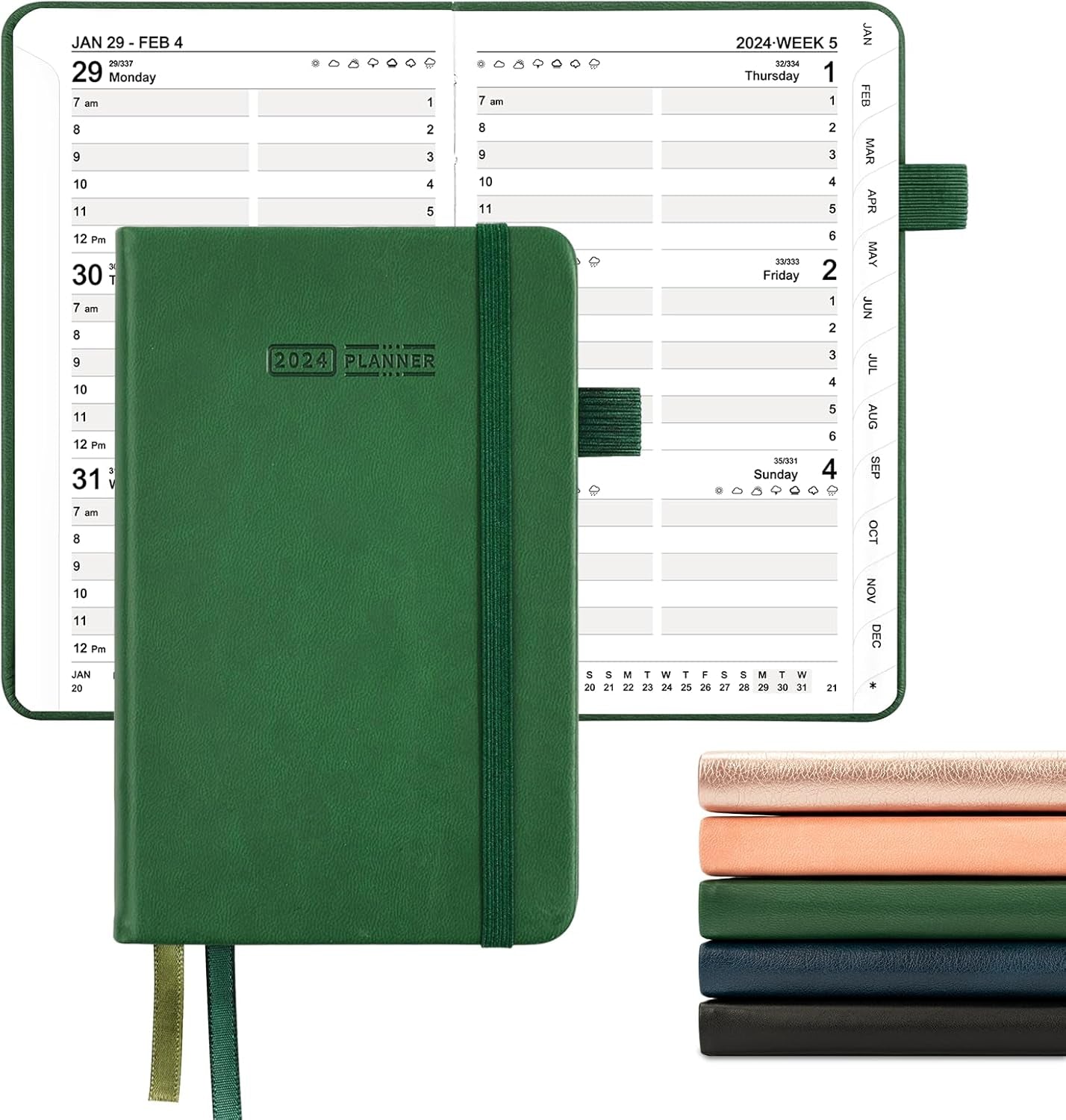 2024 Daily Pocket Planner 2024 Calendars 12 Month Planner 4'' X 6'', Leather Hardcover Weekly Monthly Planner Hourly Appointment Planner, Green