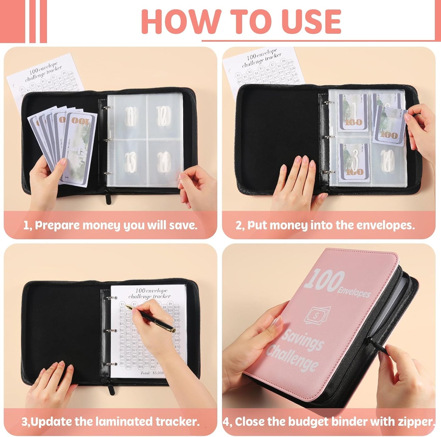 100 Envelopes Money Saving Challenge Binder with Laminated Tracker, Money Saving Challenge Budget Binder with Cash Envelopes, Savings Challenge Book with Zipper to save $5,050 (Pink)