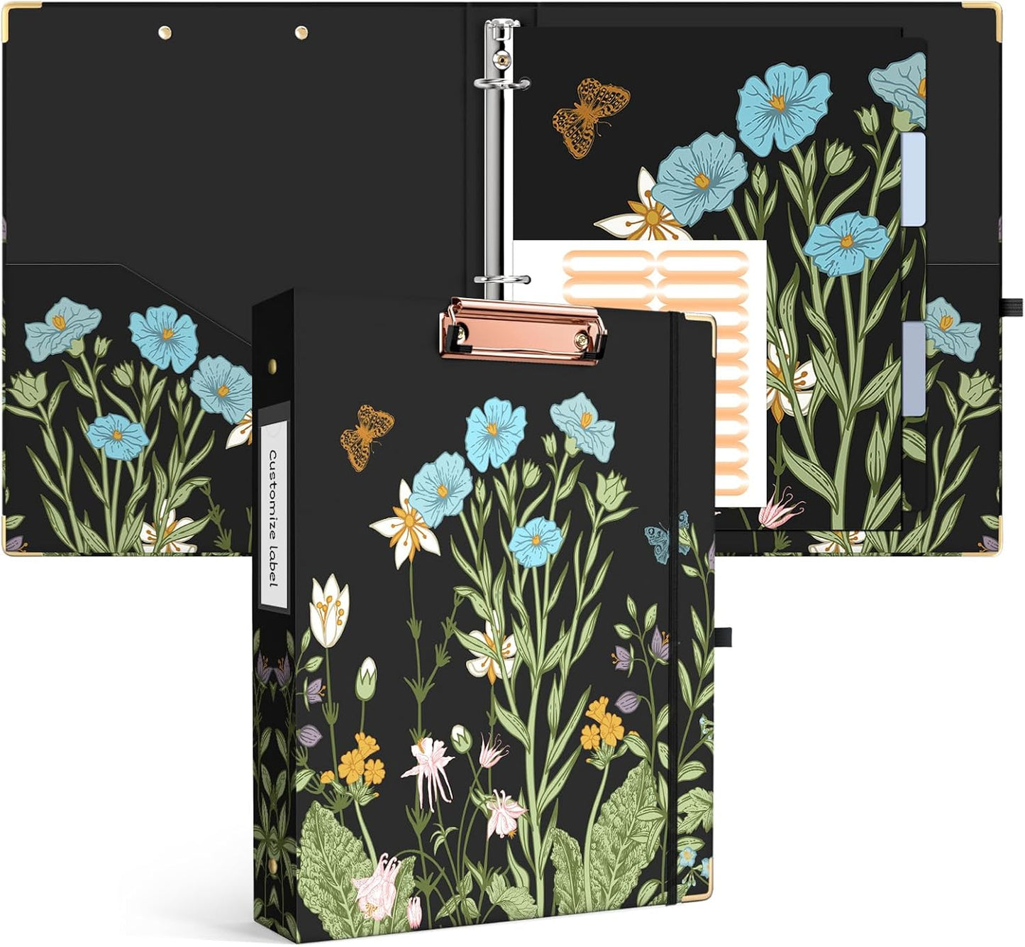 Binder 3 Ring 1 Inch, Floral round Ring Clipboard Binder for Letter Size with 5 Tab Dividers, File Folder Labels, for School and Office Supplies