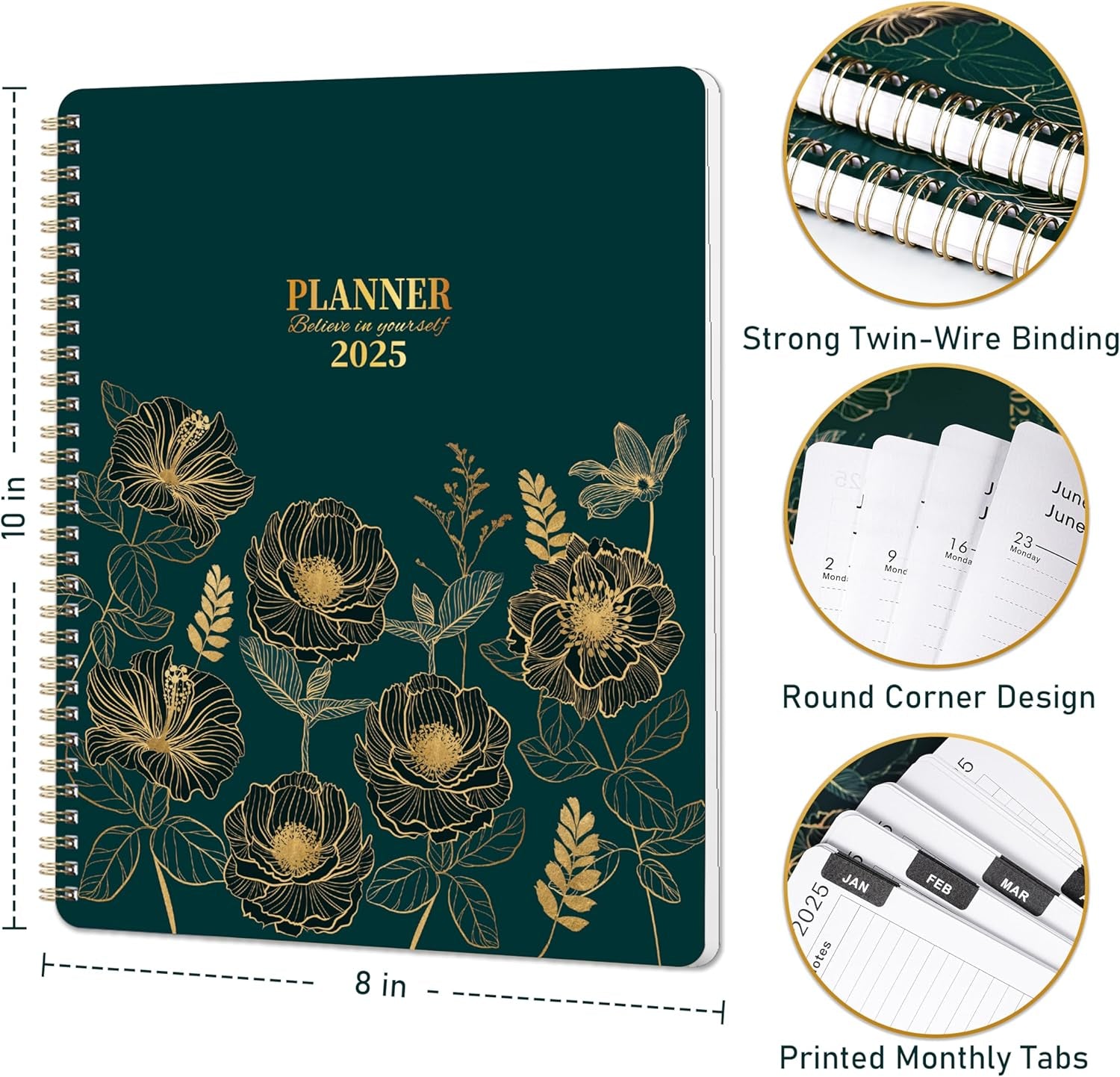 2025 Planner - 2025 Planner Weekly and Monthly from January 2025 to December 2025, 8" X 10", Weekly Planner 2025 with Flower Cover, Green