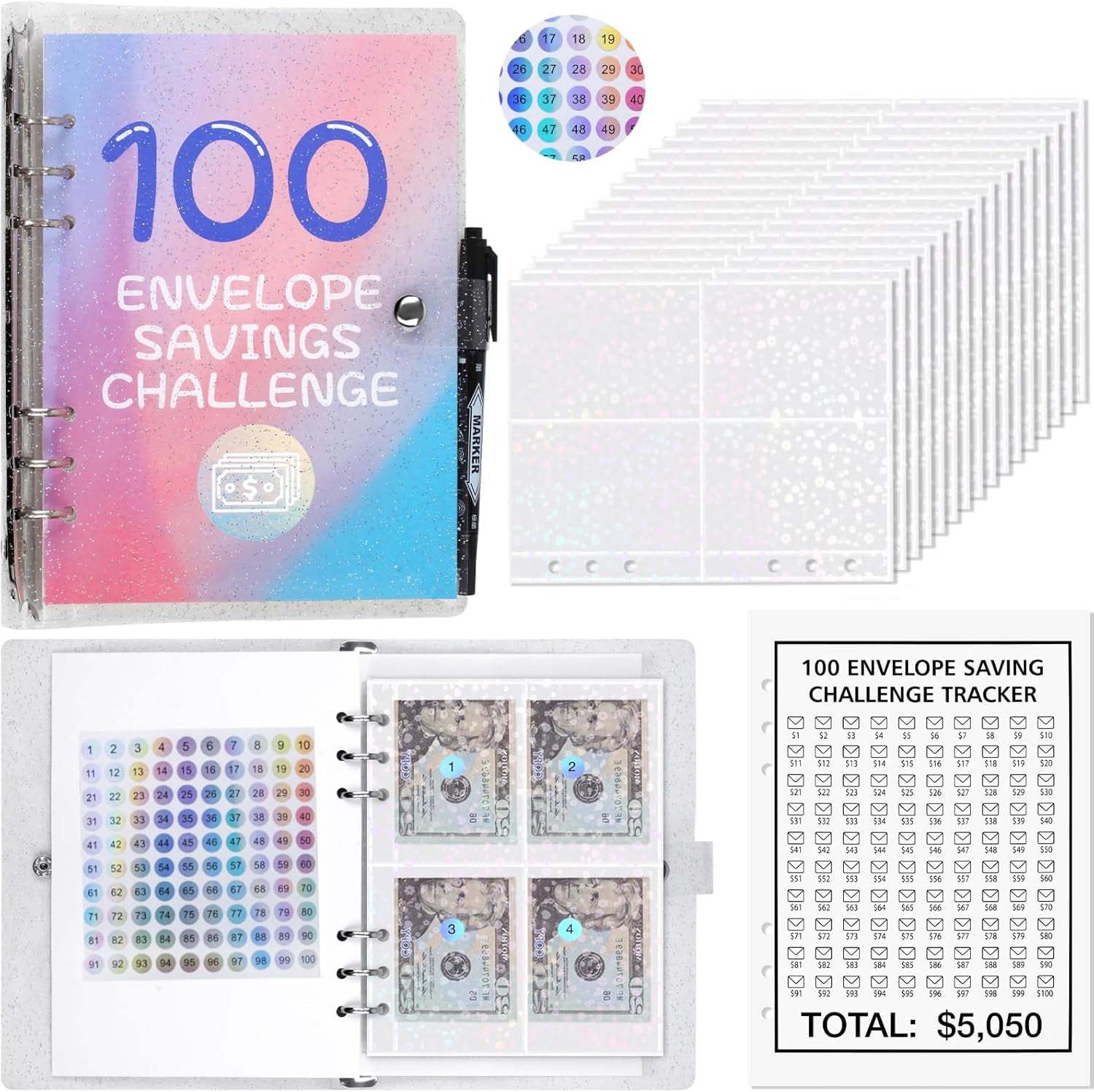 100 Envelopes Money Saving Challenge Binder, 2024 New & Shiny Budget Binder Saving Challenge Book, 100 Day Savings Challenge Binder with Cash Envelopes, Easy & Funny Way to save $5,050 Budget Planner