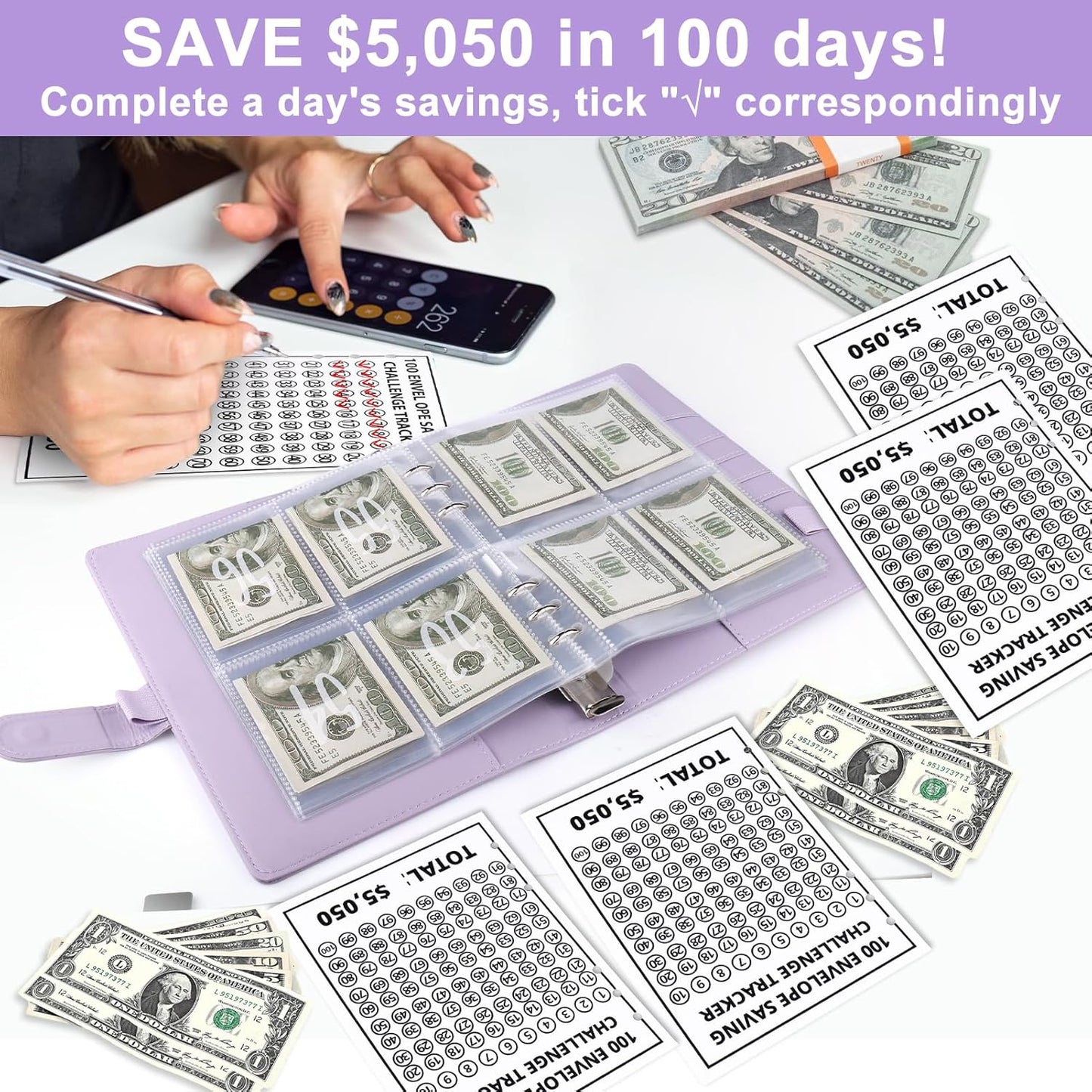 100 Envelopes Money Saving Challenge Binder Kit, Fun Budget Binder Book Organizer with Cash Envelopes for 100 Day Cash Stuffing, Budgeting, Money Saving Box Replacement, 1 Set Purple