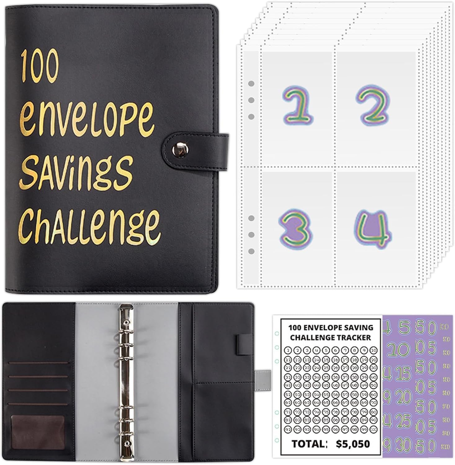 100 Envelopes Challenge Binder, Saving Challenge Binder Kit, Budget Binder Savings Challenges Book with Cash Envelopes, A5 Budget Planner Book to save $5,050