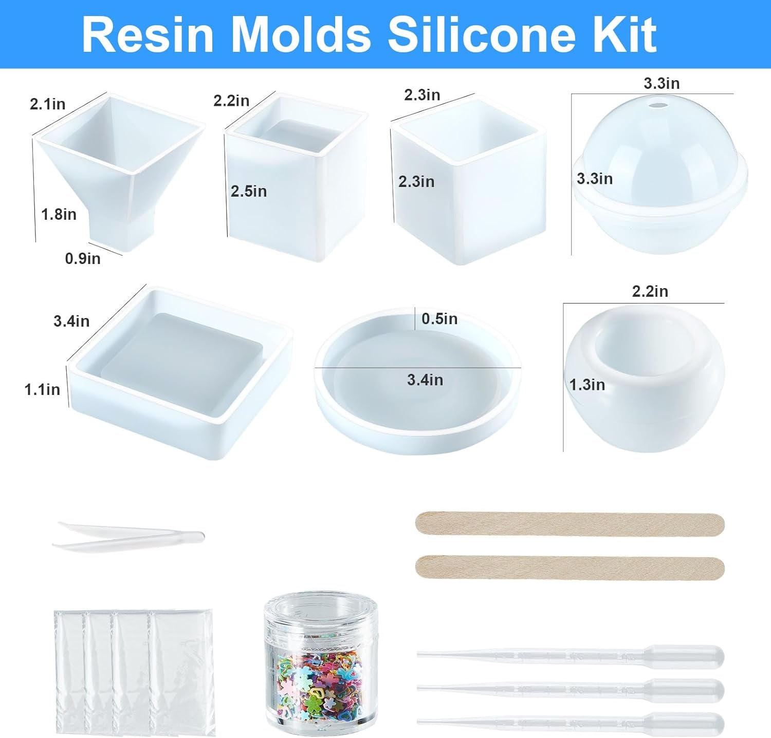 Resin Molds Silicone Kit 20Pcs,Epoxy Resin Molds Including Sphere,Cube,Pyramid,Square,Round, Used for Create Art,Diy,Ash Trays,Coasters,Candles.Bonus Decorative Sequins and the Complete Set Tools