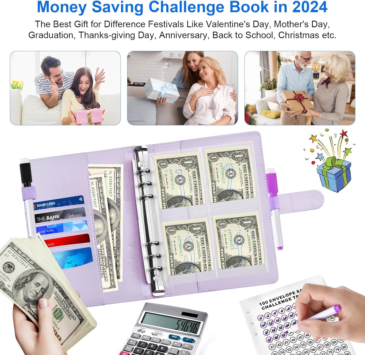 2Pack 100 Envelopes Money Saving Challenge, Money Saving Binder, Savings Challenges Book with Envelopes, Cash Envelope Budget Binder Savings Book, 100 Day Savings $5050 Challenge Binder