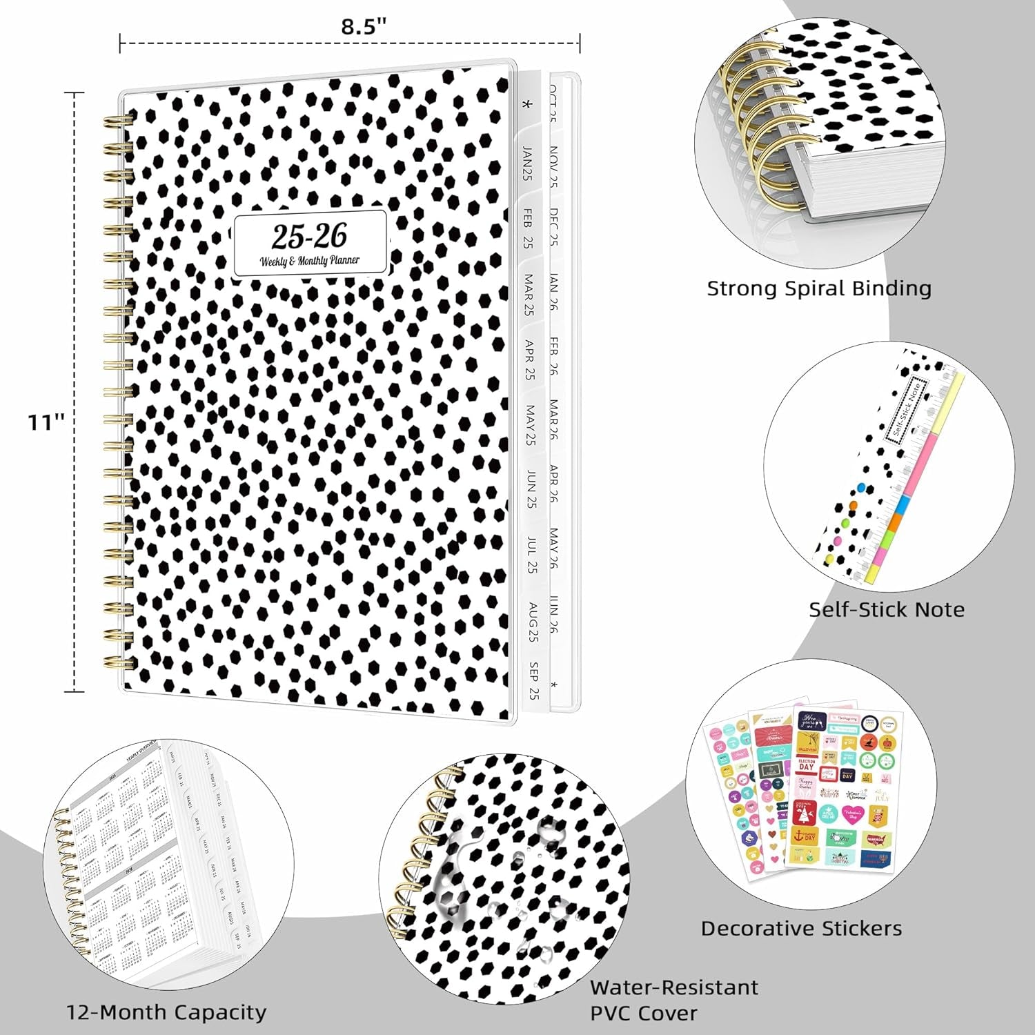 18-Months Planner 2025 2026 Weekly Monthly Planner Calendar Spiral Bound, A4 Office Supplies for Women & Men, PVC Cover Life Planners with Stickers Polka Dots