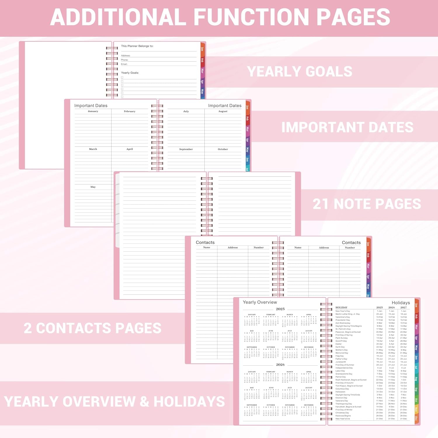 2025 Planner - Weekly Monthly Planner 2025, Calendar Planner from January 2025 to December 2025 with Spiral Bound, Inner Pocket, Colorful Tabs, 6.4'' X 8.5'' - Pink