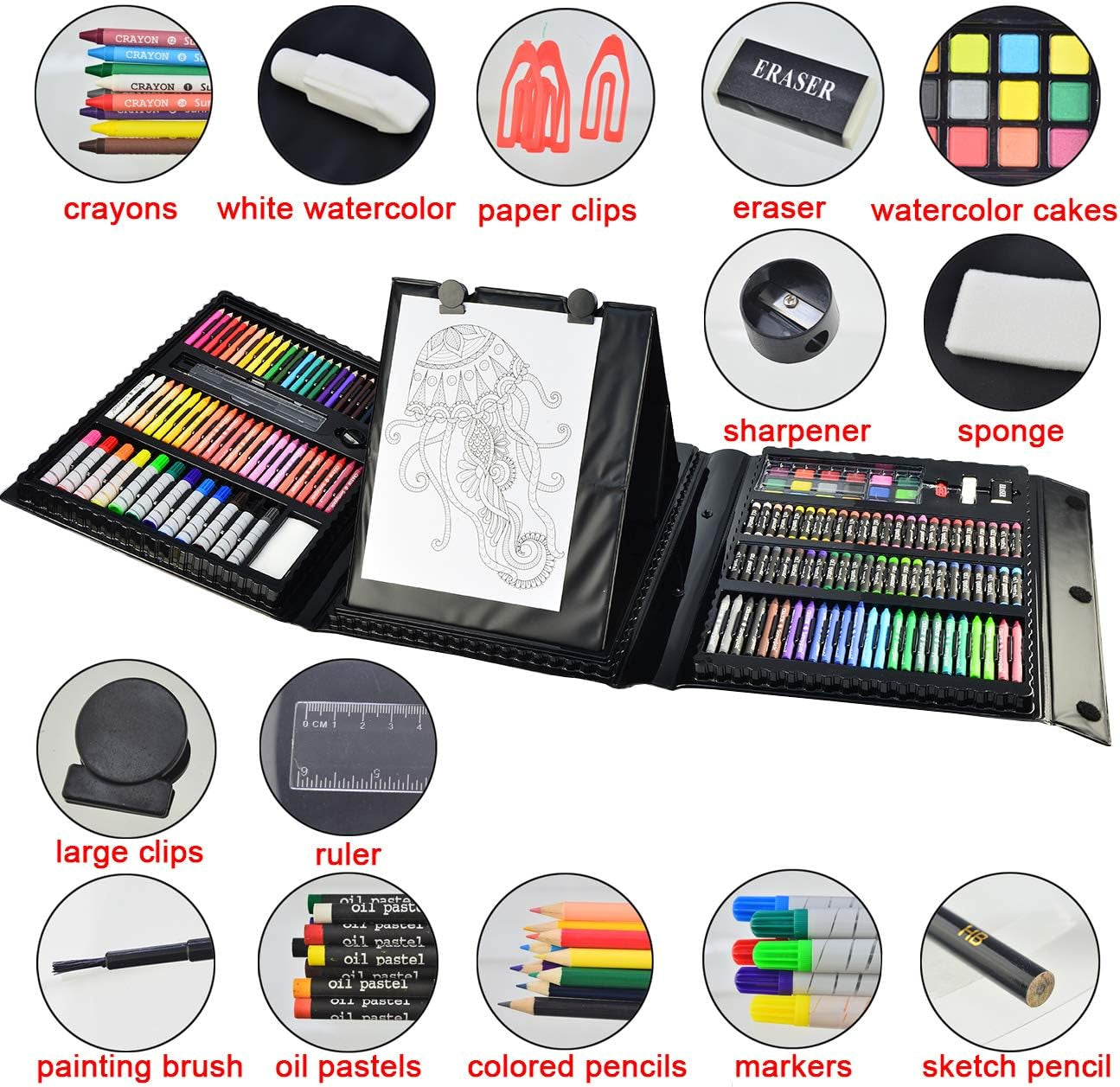 185 Pieces Double Sided Trifold Easel Art Set, Drawing Art Box with Oil Pastels, Crayons, Colored Pencils, Markers, Paint Brush, Watercolor Cakes, Sketch Pad