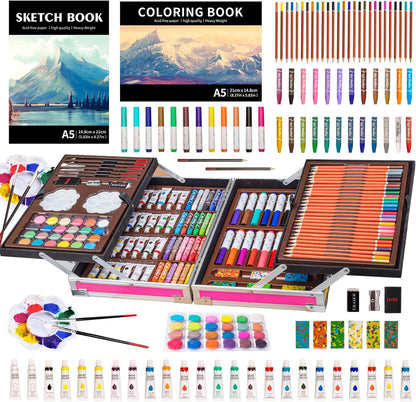 Art Supplies, 139 Pack Painting Drawing Art Kit with 2 Sketch Pads, Double Layers Art Set Crafts, Colored Pencils, Oil Pastels, Watercolor Paints, Aluminum Gift Case for Artists Kids (Pink)