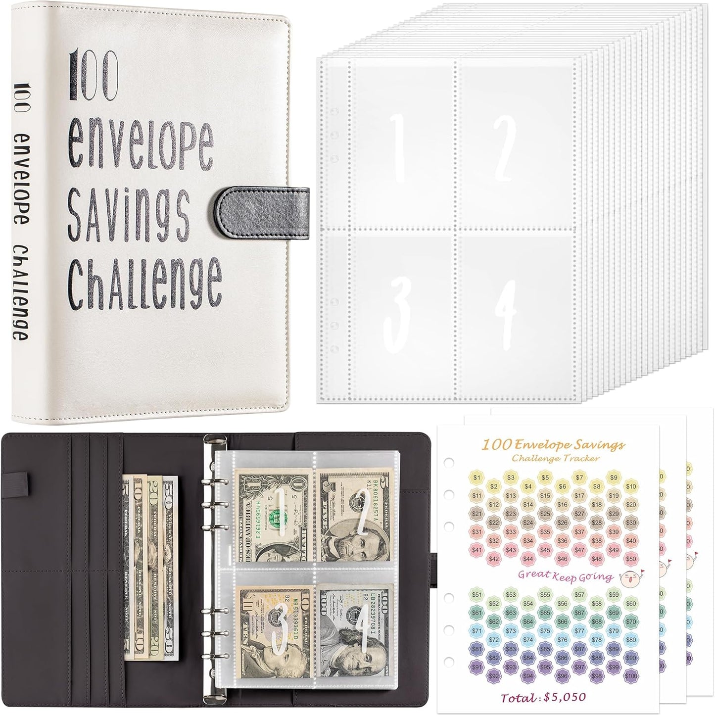 100 Envelopes Money Saving Challenge Savings Binder Easy & Fun Way to save $5,050 A5 Binder with Cash Envelopes for Budgeting Planner White Faux Binder Writing Color (Black)