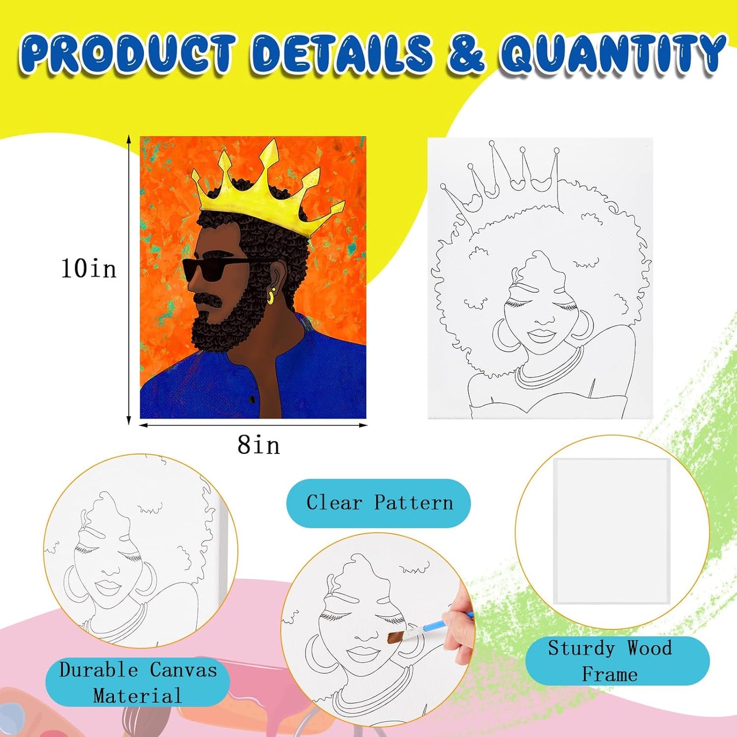 13 Pcs Sip and Paint Kit Valentines Couple Painting Kit Supplies Canvas Painting Art Painting Set Pre Drawn Blank Stretch Canvas Kit for Couple Date Night Party (Afro King Queen,8X10)