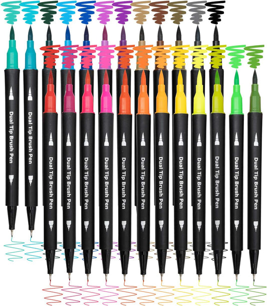 Dual Brush Marker Pens,24 Colored Markers,Fine Point and Brush Tip for Kids Adult Coloring Books Bullet Journals Planners,Note Taking Coloring Writing